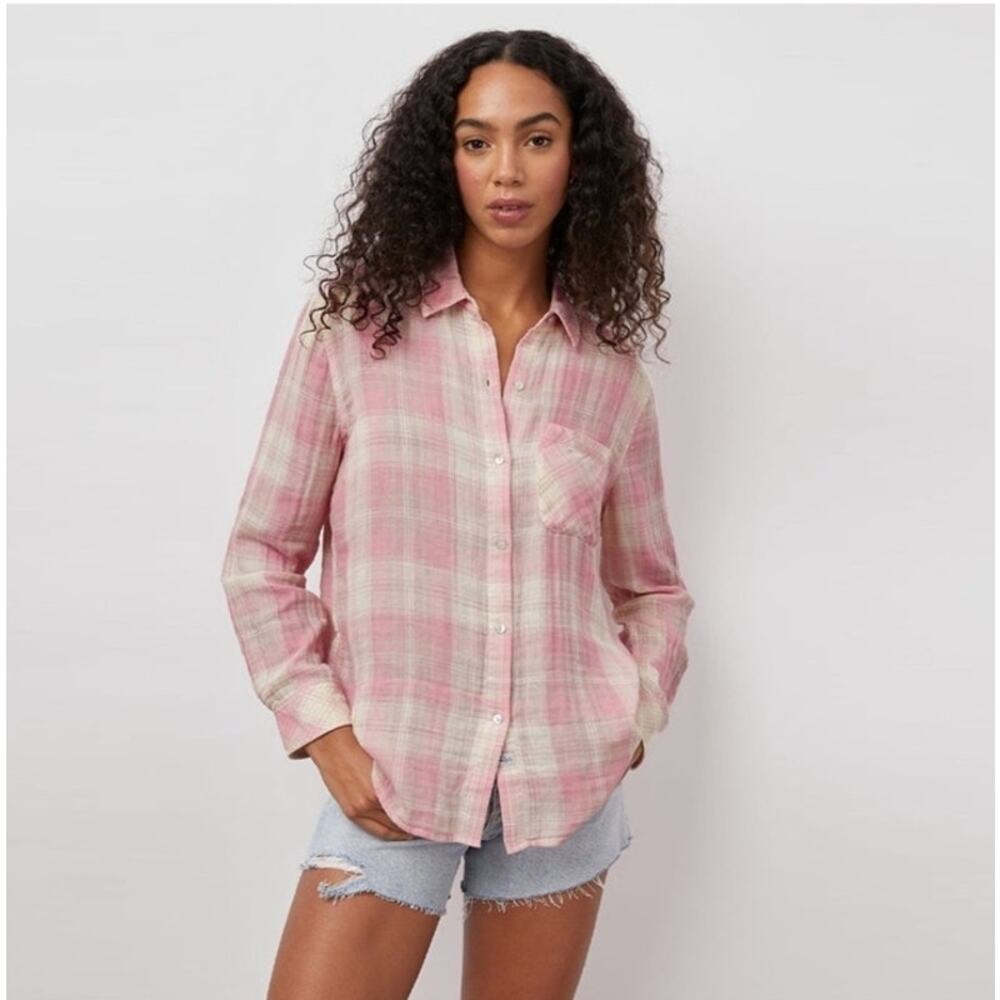 Rails Ellis Rose Sand Ivory Shirt Medium Plaid Organic Cotton Gauze Coastal NWT